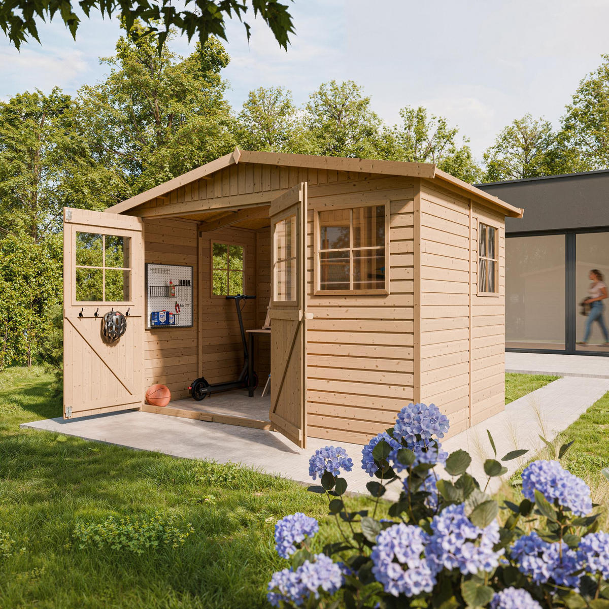 M334 GARTENHAUS HOLZ mit Fenstern - H226x324x216 cm/6 m² - Beige, Holz (324/226/199cm) - Timbela