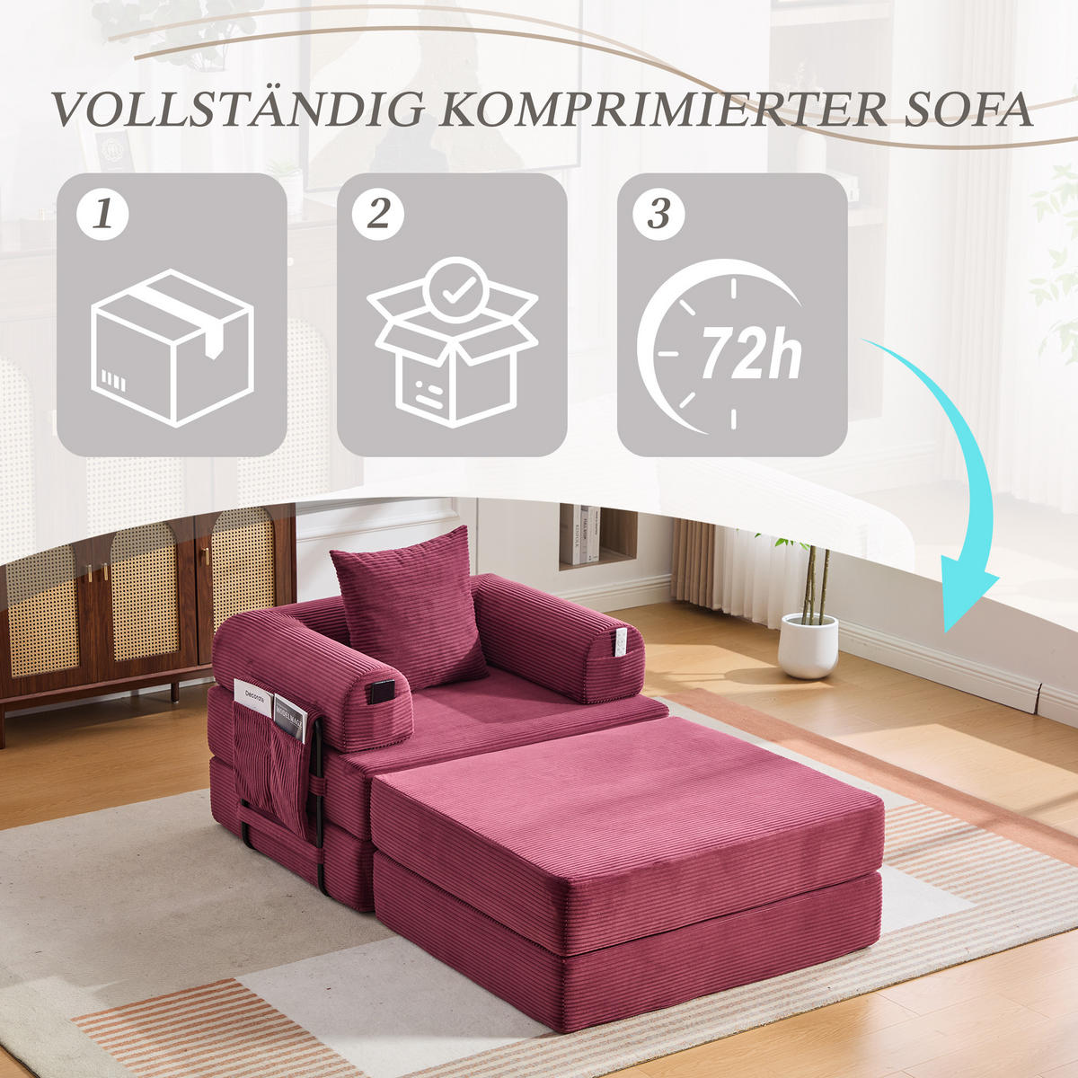 SOFA Cord Weinrot mit Kissen und Hocker - Weinrot, Textil/Metall (112/67/190cm) - WISHDOR