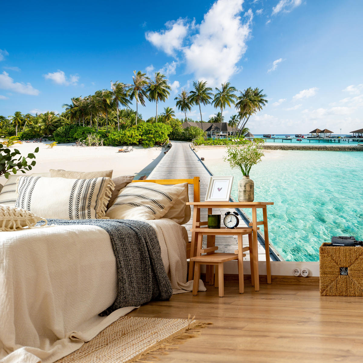 FOTOTAPETE für Schlafzimmer Tropeninsel Steg Palmen Pflanzen 500x350 - Blau/Beige, Papier (500/350cm) - Muralo