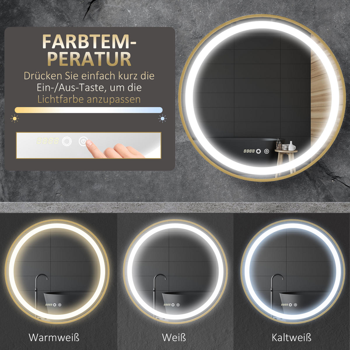 BADSPIEGEL, mit Memoryfunktion, Zeitanzeige, LED-Leuchte, IP44 - Goldfarben, Glas (4/60/60cm) - Kleankin