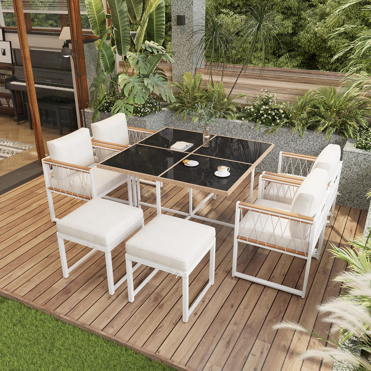 GARTENTISCH- UND STUHLSET Weiß 7tlg - Creme, Glas/Holzwerkstoff - Urban Meuble