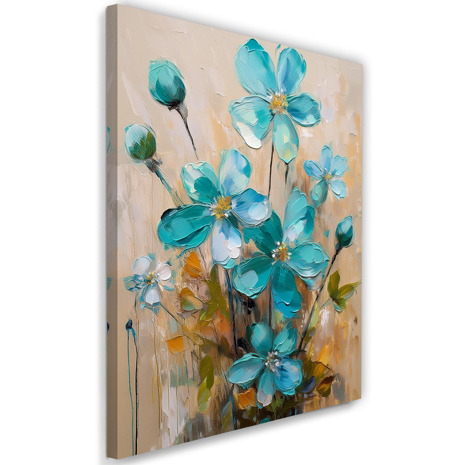 WANDBILD gemalte blumen türkis - Türkis, Textil (40/60cm) - Feeby