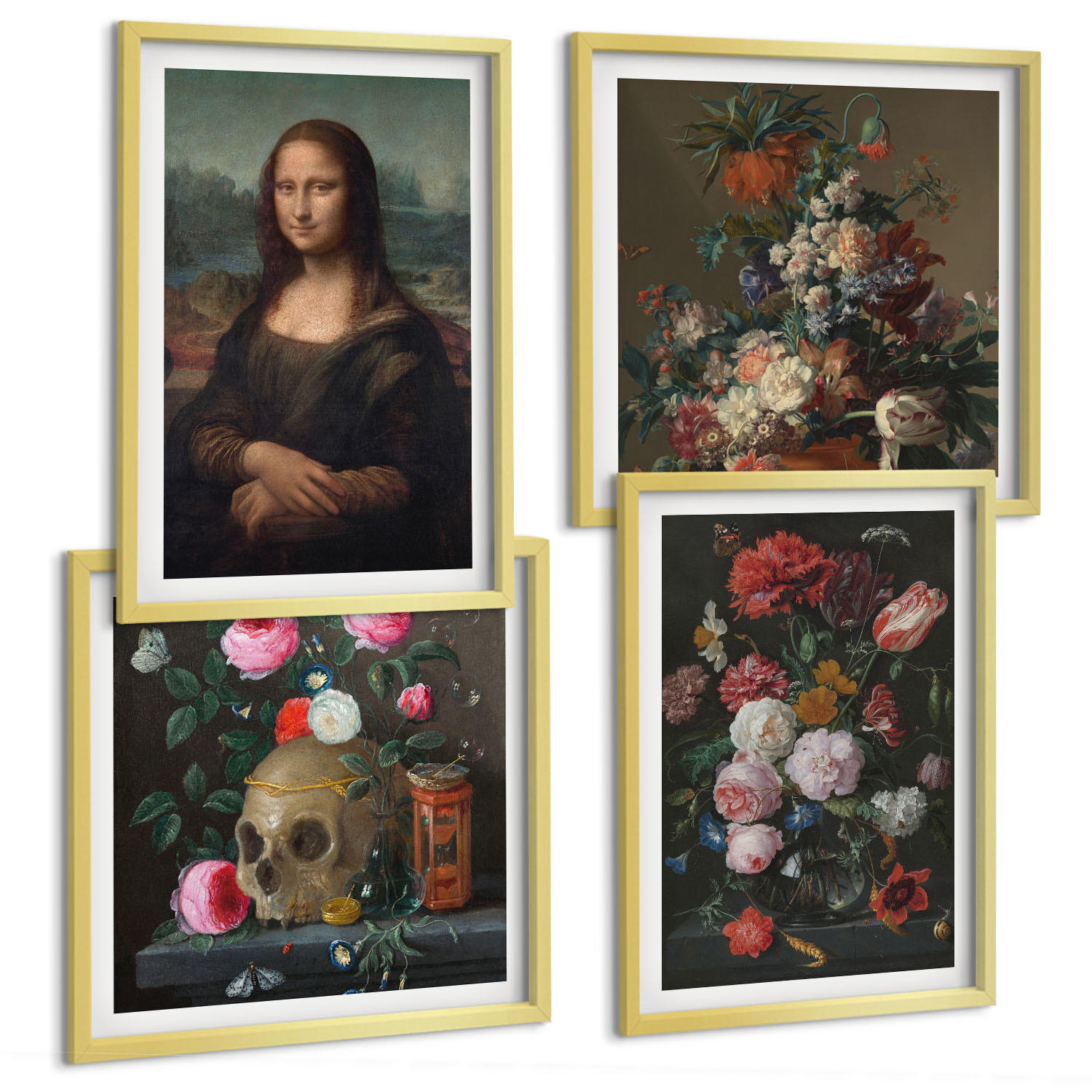 BILDER SET 4er Set - 50x50 cm & 40x60 cm Goldrahmen - Vintage Blumen Totenkopf Mona Lisa - Goldfarben, Kunststoff (50/50cm) - TULUP