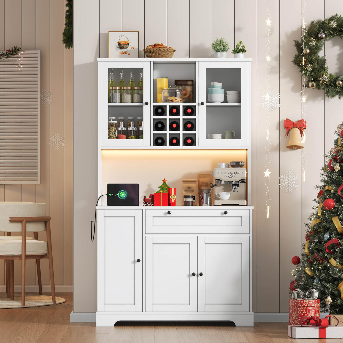 BUFFET 105/40/180 cm Weiß aus MDF mit LED und Steckdose - Weiß, Holzwerkstoff (105/180/40cm) - OKWISH