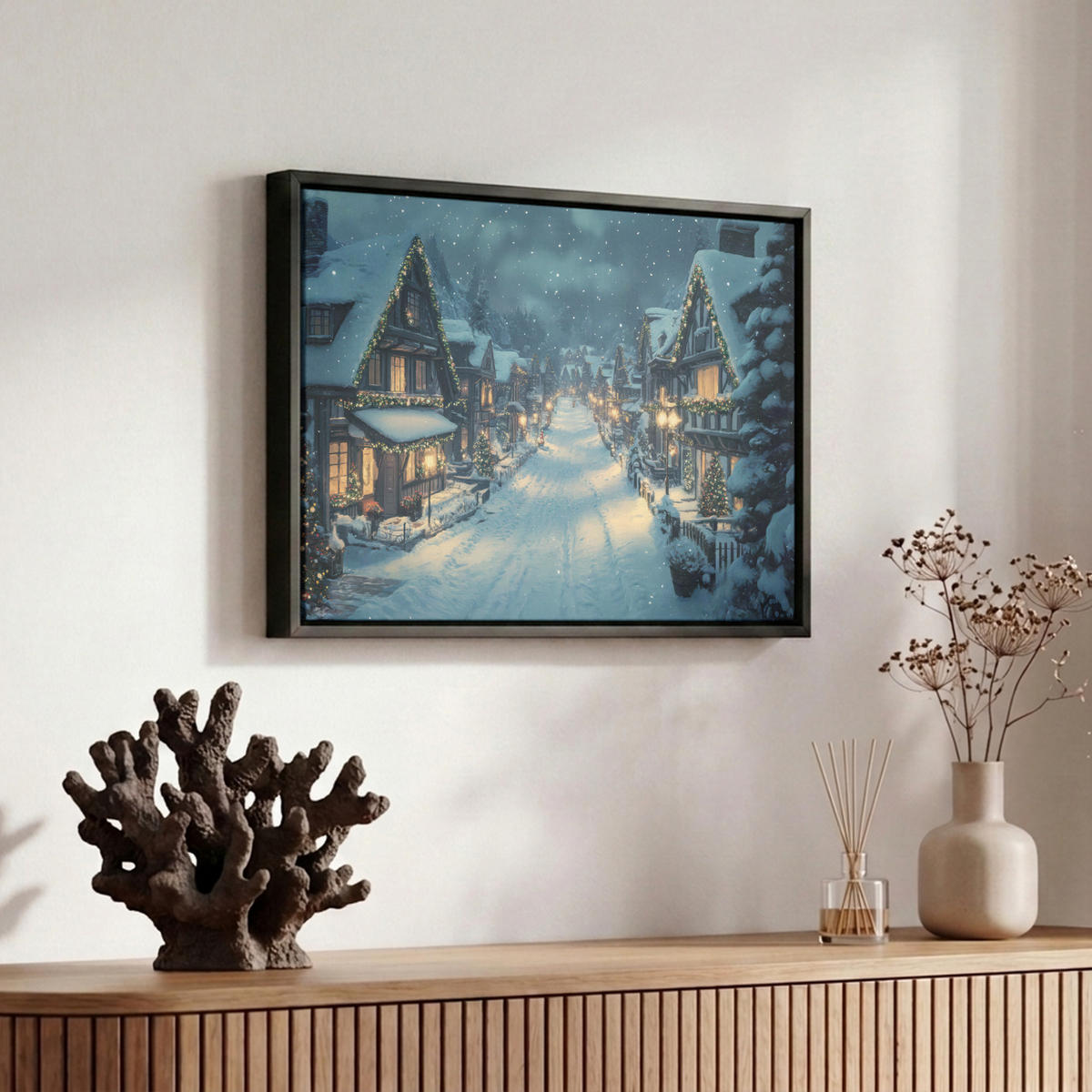 LEINWAND Bilder mit Rahmen - Weihnachtsdorf - Weihnachten - Schnee - Winter - 30x20 - Dunkelblau, Textil (30/20cm) - MuchoWow