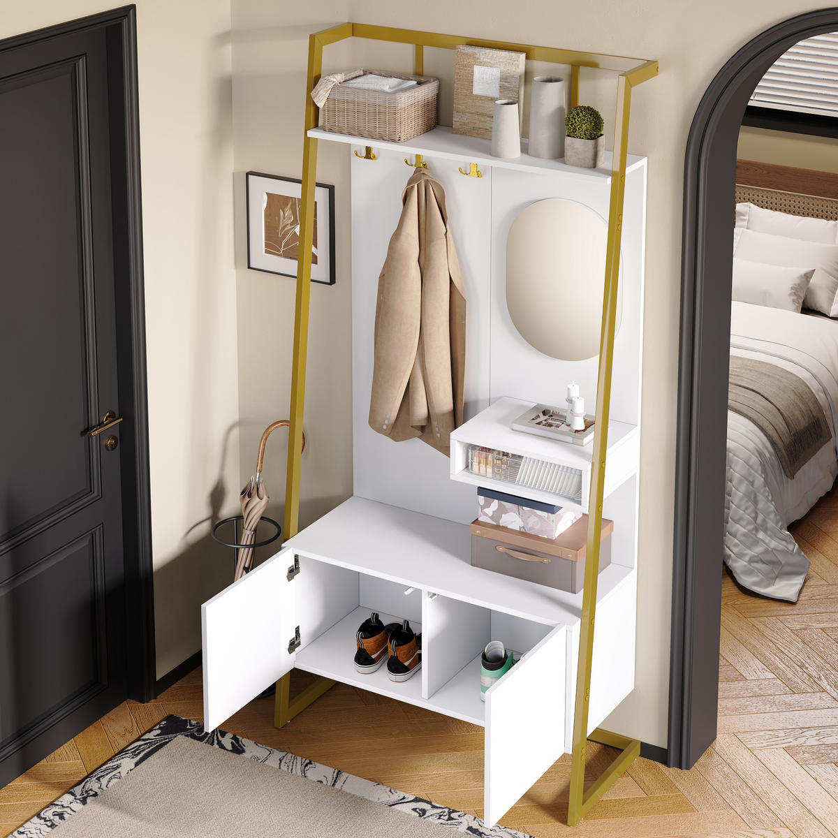 GARDEROBE offen Spiegel Haken Schuhbank - Weiß, Holz (78/180.5/38.5cm) - Fortuna Lai