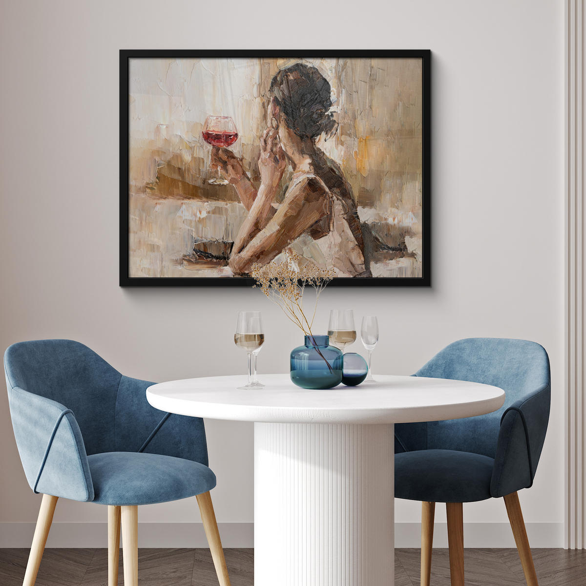 ZARÁMOVANÝ PLAGÁT Olejomaľba - Žena - Víno 80x60 cm - svetlohnedá, papier (80/60cm) - MuchoWow