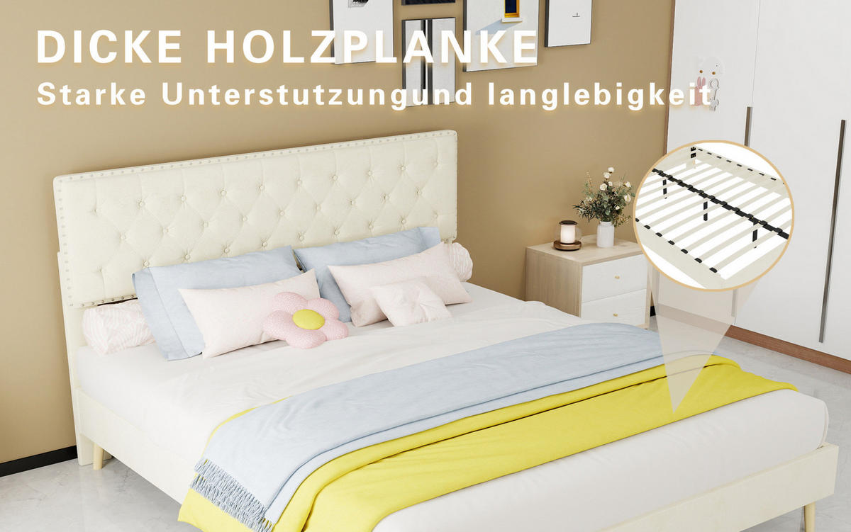 POLSTERBETT 160/200 cm mit hohem Kopfteil, Stauraum unter dem Bett und Matratze, Beige - Beige, Textil (160/200cm) - Redom