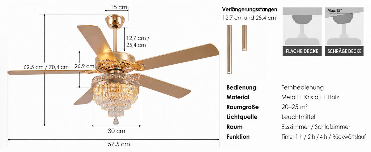 DECKENVENTILATOR Goldfarben 157,5 cm mit Kristallleuchte und Fernbedienung - Goldfarben, Metall (157.5/157.5/62.5cm) - Surtime
