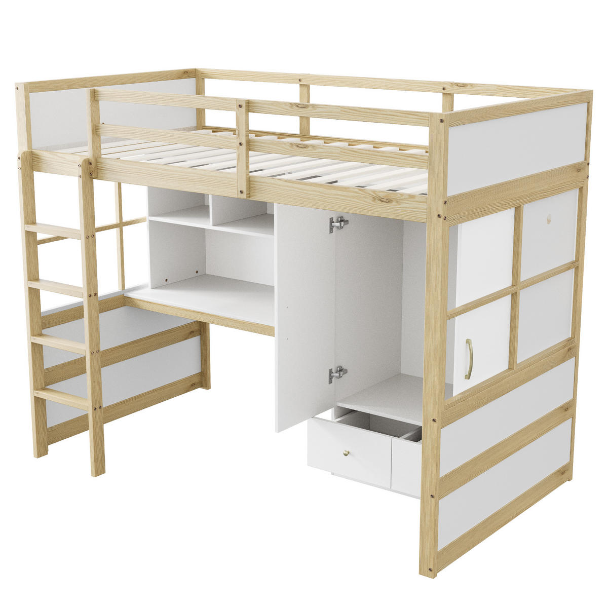 HOCHBETT aus Massivholz 90x200 cm in Naturholz mit Schreibtisch & Kleiderschrank - Naturfarben, Holz (90/200cm) - Modfu
