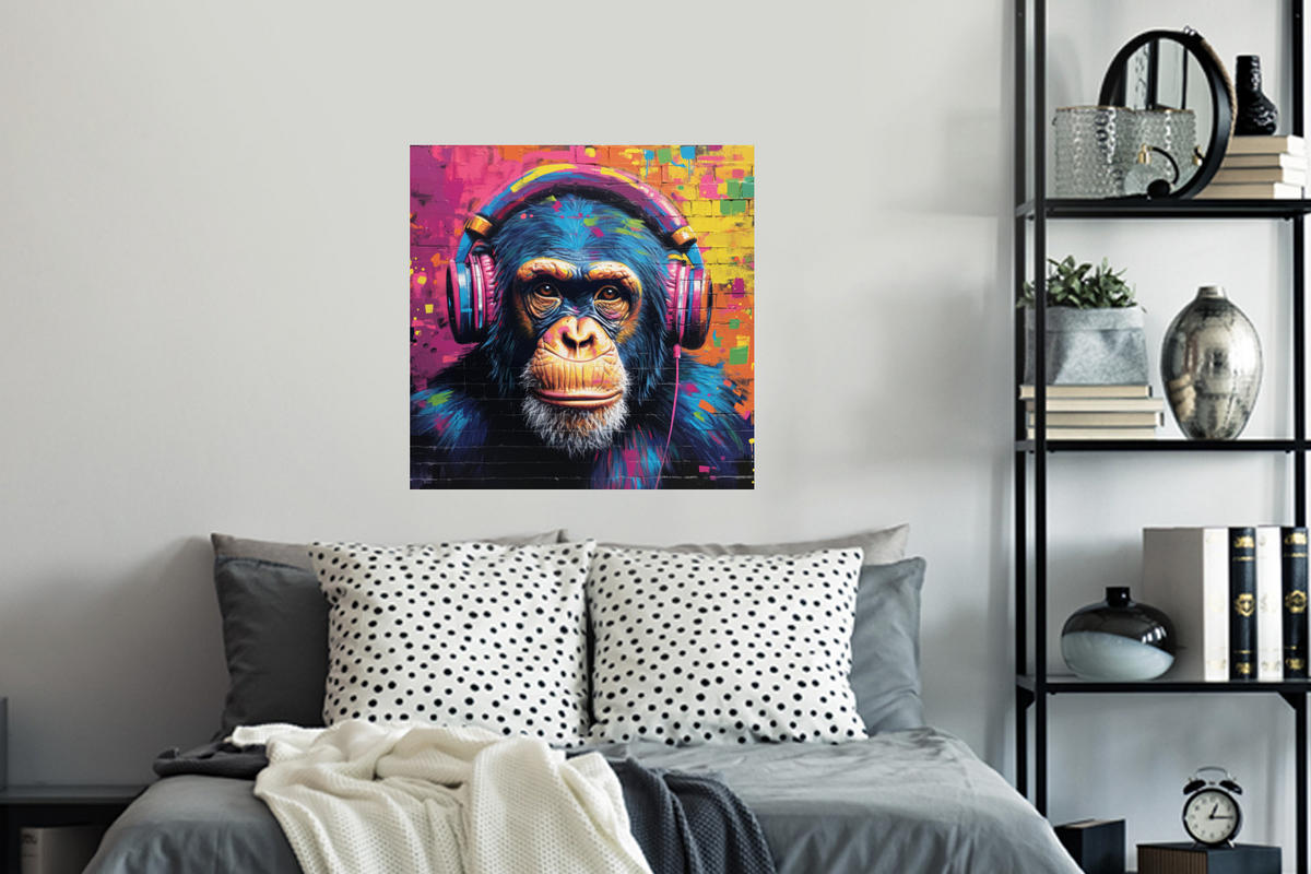 WANDTATTOO Graffiti - Schimpanse - Straßenkunst - Kopfhörer - Affe 50x50 cm - Blau, Kunststoff (50/50/0.1cm) - MuchoWow