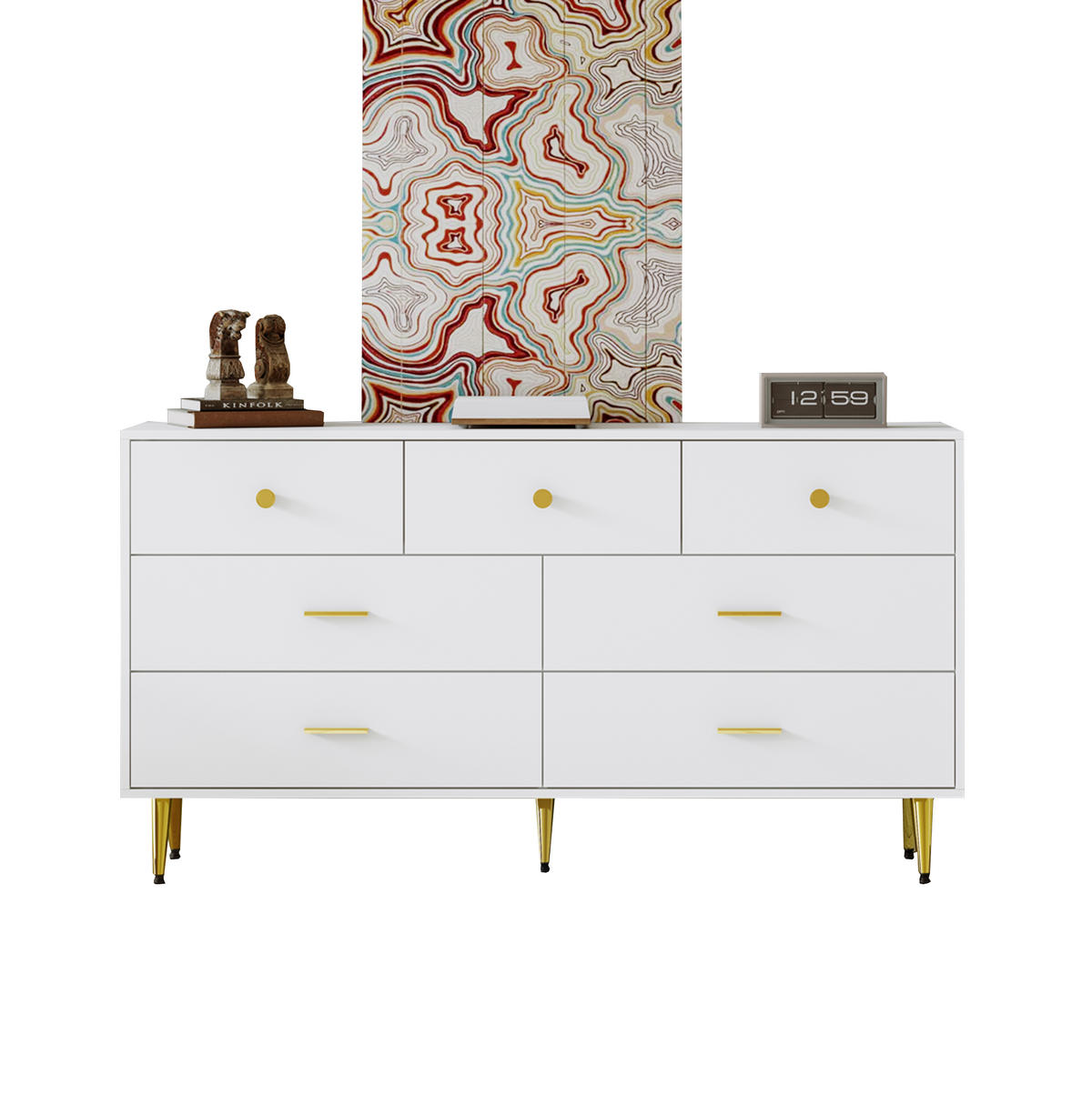 SIDEBOARD mit 7 Schubladen, mit goldenen Griffen und goldenen Beinen, 140/35/76 cm, Weiß - Weiß, Holzwerkstoff (140/76/35cm) - Redom