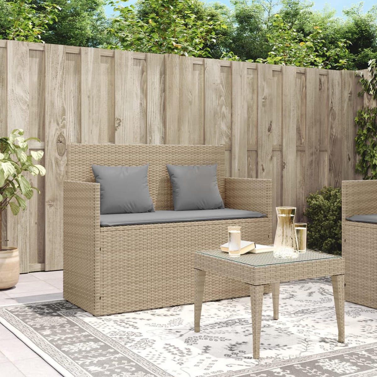 GARTENBANK mit Kissen Beige Poly Rattan - Beige/Grau, Kunststoff (120/90.5/50cm) - furnicato