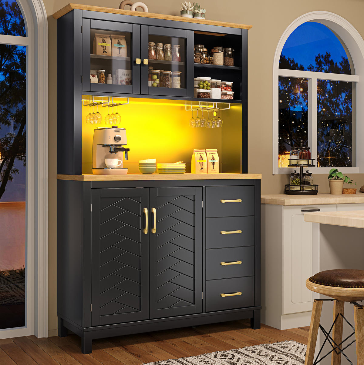 BUFFETSCHRANK 105,5/40/180 cm schwarz aus MDF mit LED-Lichtleiste - Schwarz, Holzwerkstoff (105.5/180/40cm) - OKWISH