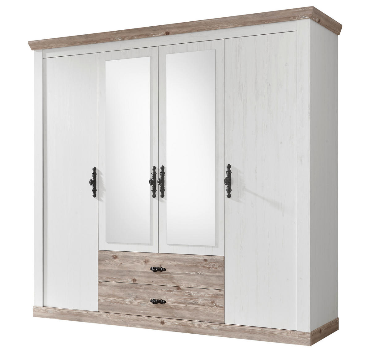 KLEIDERSCHRANK Pinie weiß, Oslo Pinie Landhaus, Drehtürenschrank 4-türig mit Spiegel, 217 x 201 cm - Anthrazit/Weiß, Holzwerkstoff/Metall (217/201/60cm) - Furn.Design