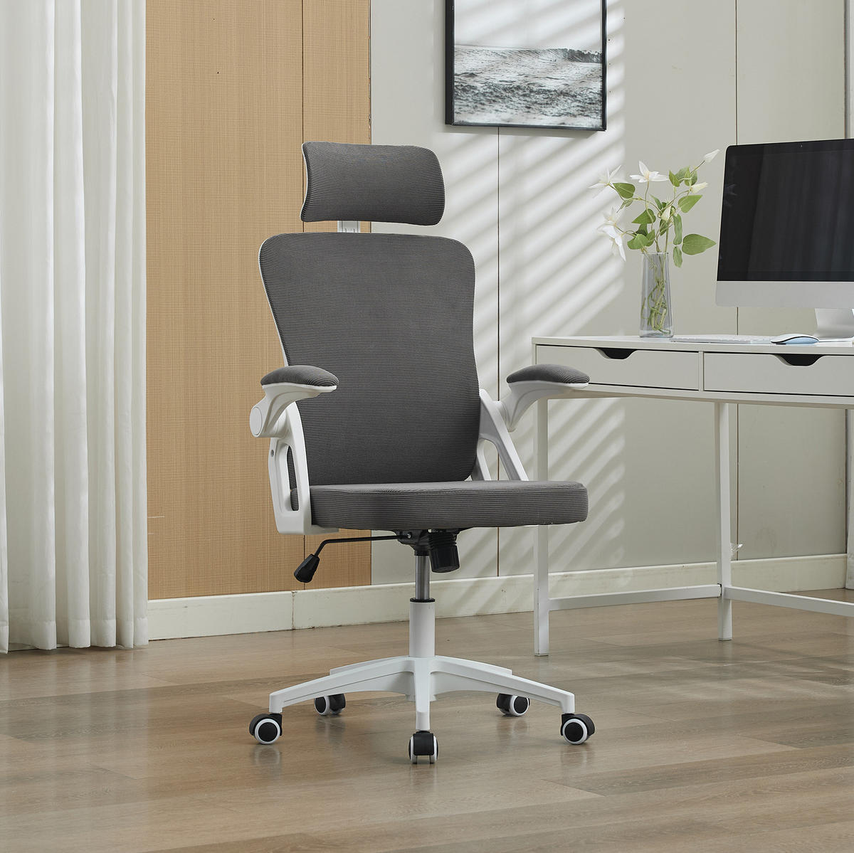 DREHSTUHL 65/58/128 cm Grau aus Upholstered mit Netzrücken, verstellbar - Grau, Textil (58/108/65cm) - OKWISH