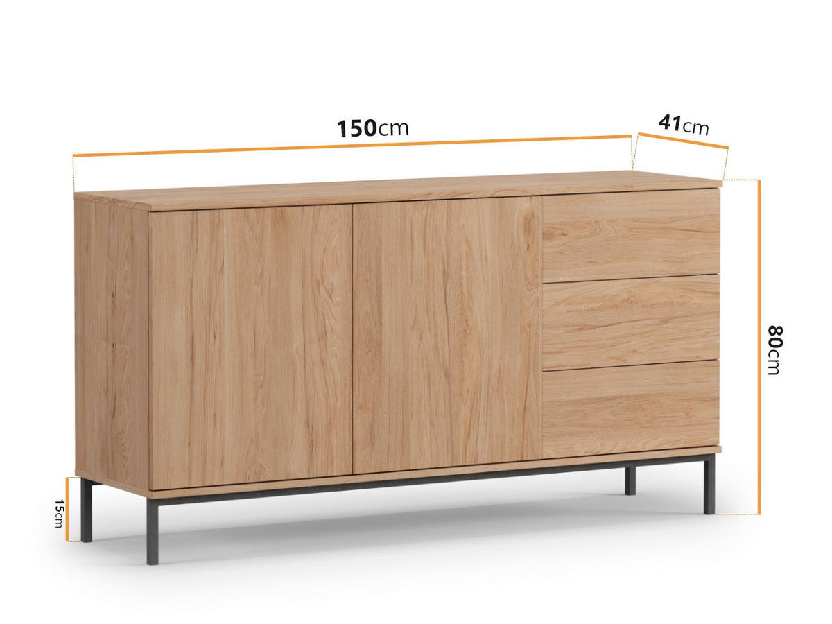 KOMMODE Dallas K2D3SZ 150 cm Hikora - Eichefarben/Schwarz, Holzwerkstoff/Metall (150/80/41cm) - Ravio