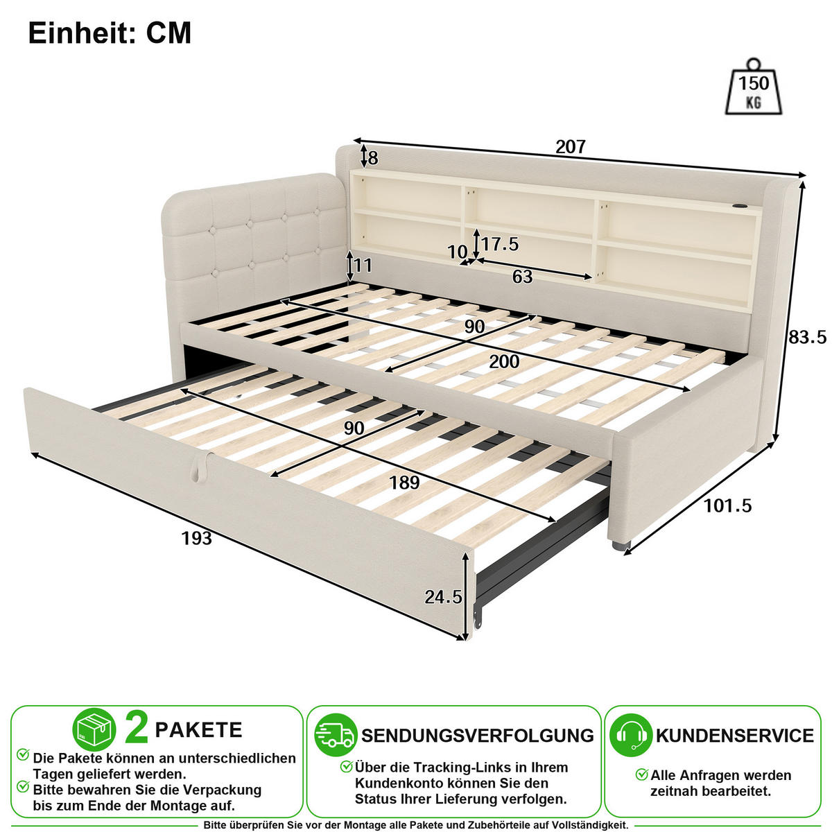 SCHLAFSOFA 90/200 cm & 90/189 cm in Beige mit Ausziehbett, USB, Type-C und Ablagen - Beige, Holzwerkstoff/Textil (90/200cm) - CHICFURN