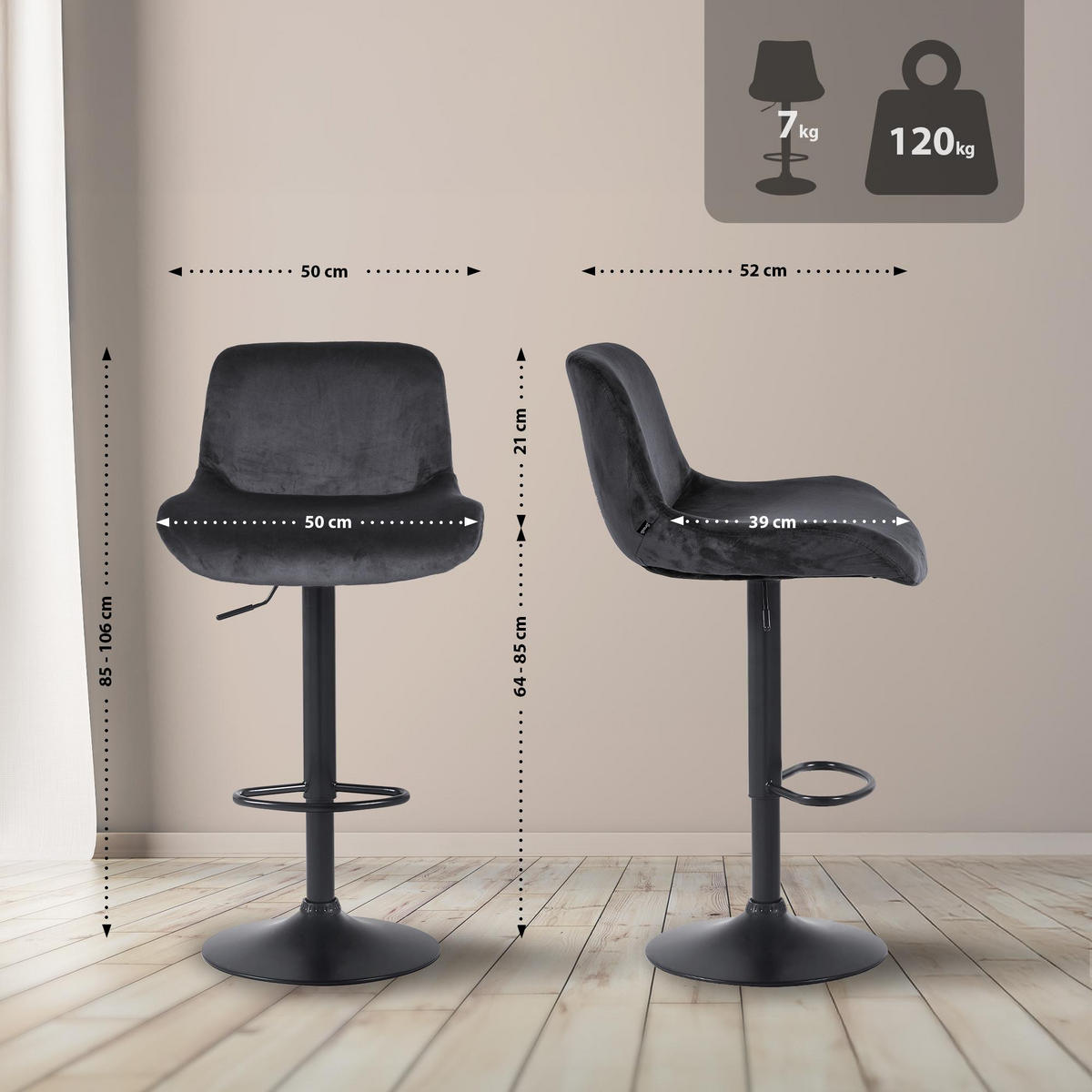 BARHOCKER Samt schwarz - Schwarz, Textil/Metall (50/85/50cm) - CLP