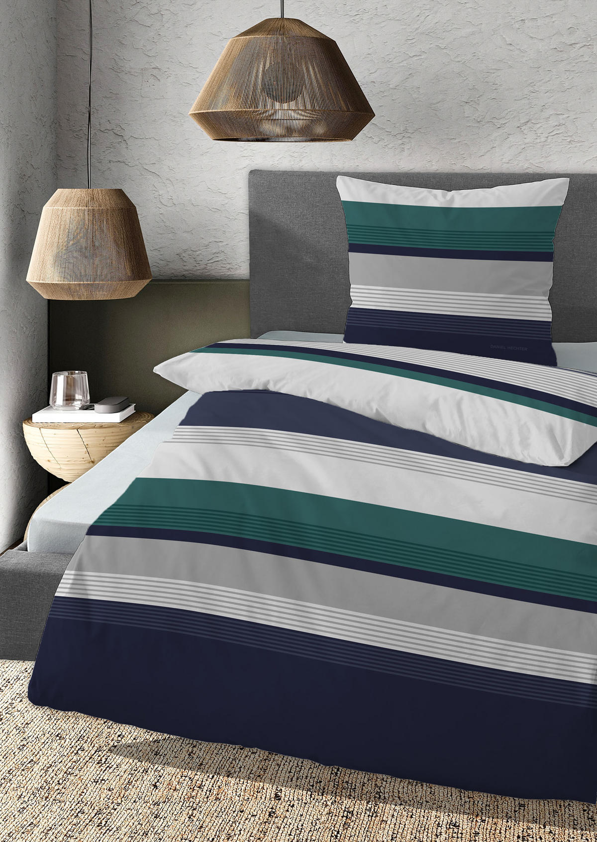 BETTWÄSCHE-GARNITUR Biber Querstreifen marine, 135x200 cm + 80x80 cm - Dunkelblau, Textil (135/200cm) - Daniel Hechter