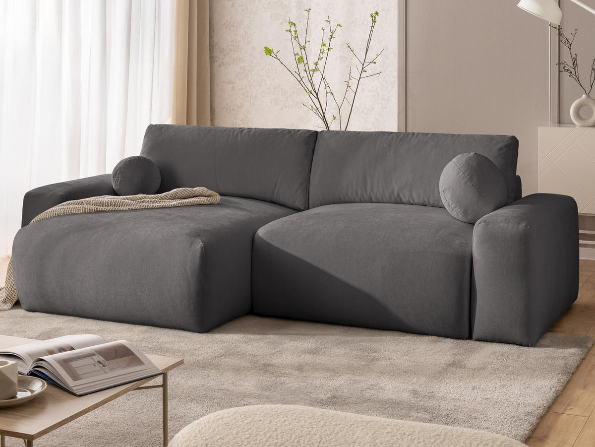 ECKSOFA Puffy mit Schlaffunktion und Bettkasten - besonders weich und puffig aus Taupe Webstoff - Ottomane links - Taupe/Schwarz, Holz/Kunststoff (138/266cm) - S-Style Möbel