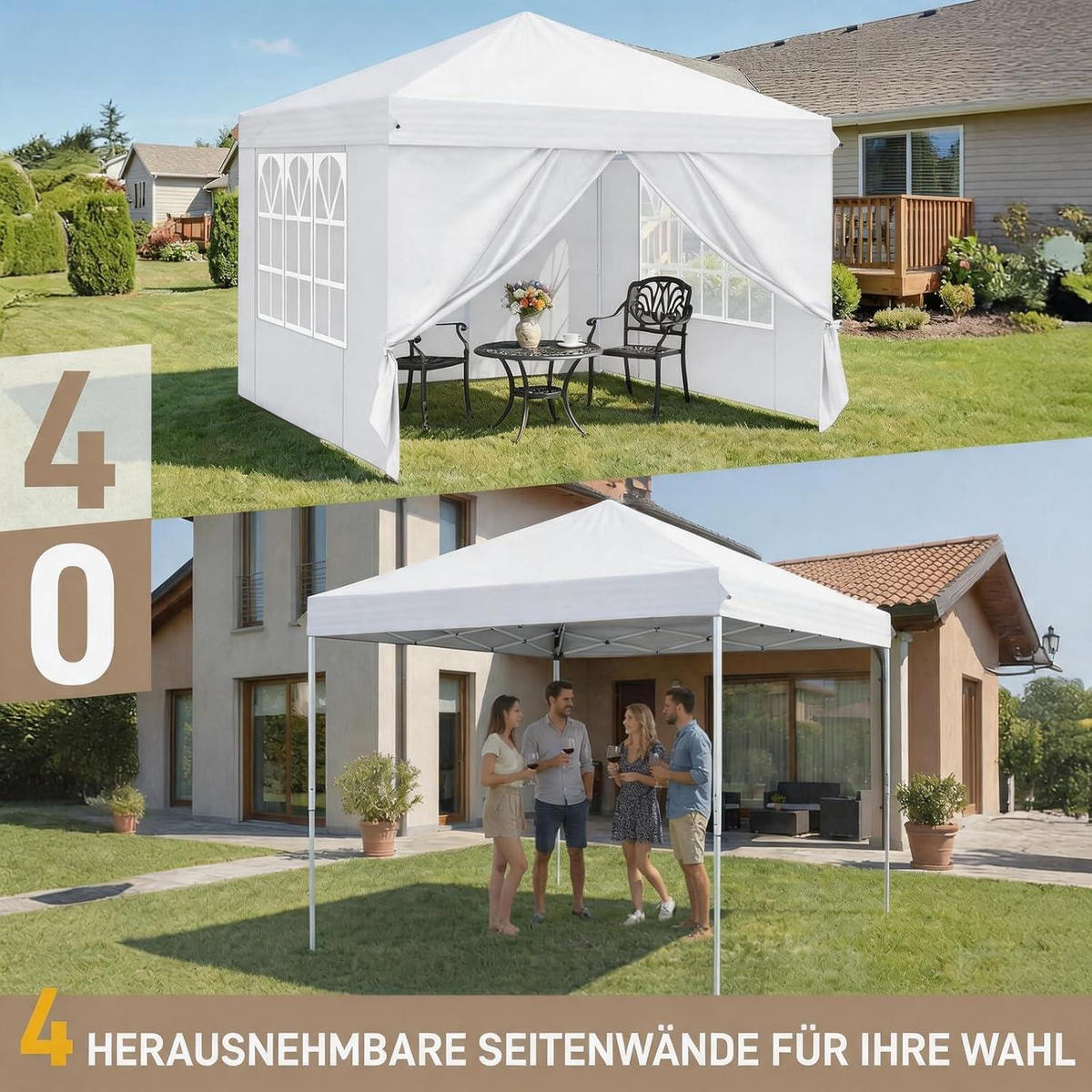 FALTPAVILLON 3 x 3 m weiß mit 4 Seitenteilen, Pop-Up One-Touch - Weiß, Textil (300/255/300cm)