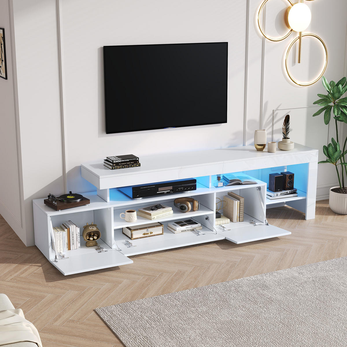 TV-SCHRANK 192/37/53 cm weiß Hochglanz mit 3 Schränken und LED-Beleuchtung geeignet für 85 Zoll Fernseher - Weiß, Holzwerkstoff (192/53/37cm) - OKWISH