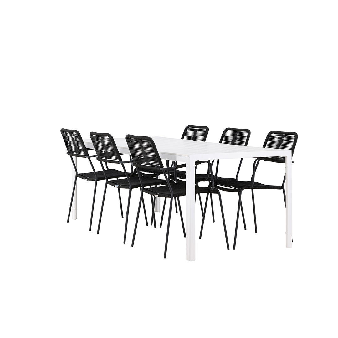 GARTENSET, Break, Tisch Weiß, Stühle Schwarz, Metall / Polyester, 90 x 205 x 75 cm, 7-teilig - Weiß, Metall - ebuy24