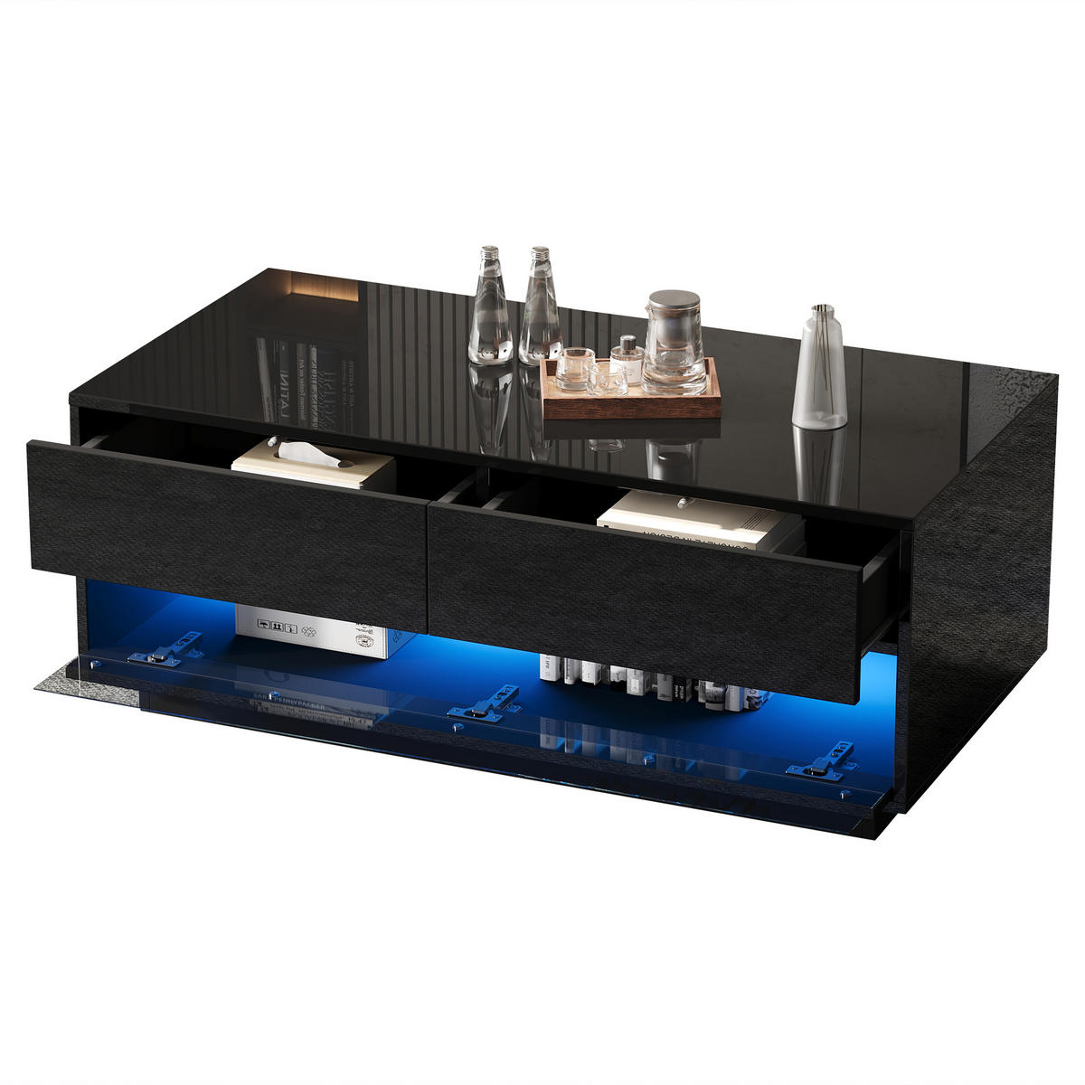 COUCHTISCH 100/50/40 cm hochglänzend mit 2 Schubladen und Bluetooth-LED-Lichtleiste - Schwarz, Holzwerkstoff (100/50/40cm) - OKWISH