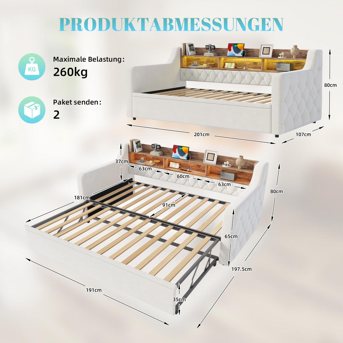 BETT 90/190 cm in Beige aus Samt mit Stauraum-Kopfteil, LED-Beleuchtung - Beige, Textil (90/190cm) - Flora Grace