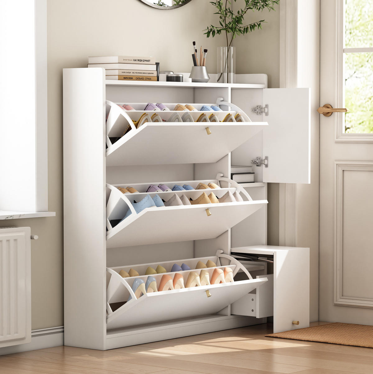 SCHUHSCHRANK 119/24/122 cm in Weiß mit 3 Klappen und klappbarer Sitzbank - Weiß, Holzwerkstoff (119/122/24cm) - Flora Grace