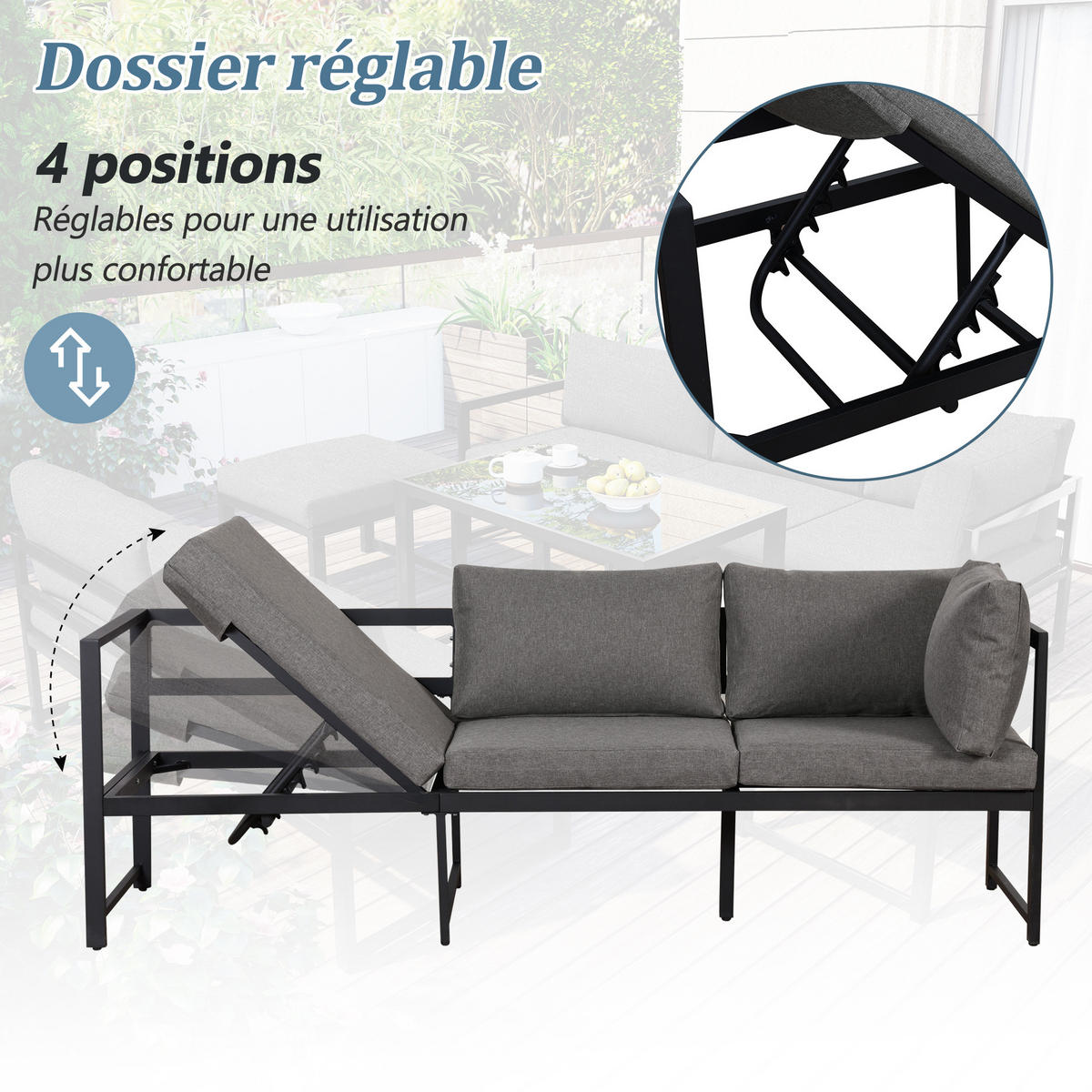 LOUNGESESSEL Set aus Aluminium mit Liegefunktion 4fach verstellbare Rückenlehne weiche Sitz und Rückenkissen Grau - Grau, Metall