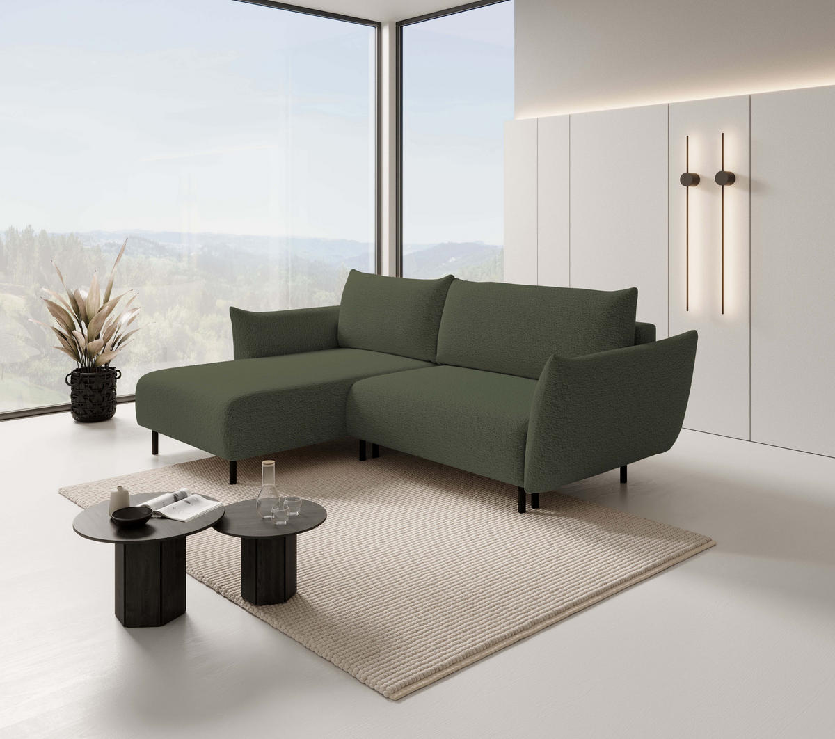 ECKSOFA ADEL mit Schlaffunktion und Bettkasten, L-förm, Metallbeine, verstellbar lose Rückenkissen, freistehend, LINKS, 171x257x90 cm, Green - Grün, Holz/Textil (171/257cm) - DomoHome