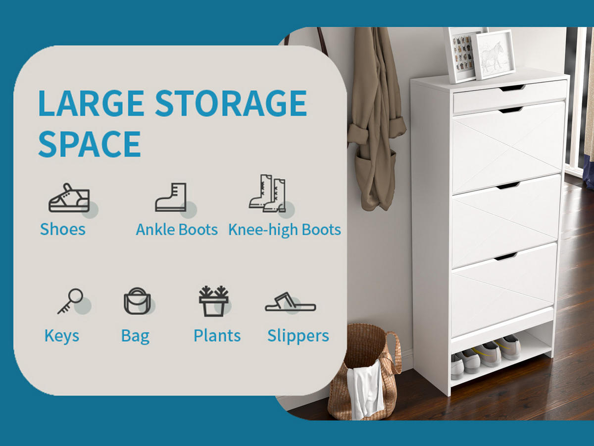 SCHUHSCHRANK aus MDF 3 Schubladen in Weiß mit Auszug & 2 Ebenen - Weiß, Holzwerkstoff (63/136.5/26cm) - Modfu