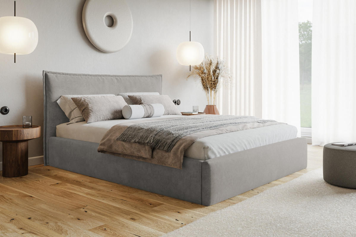 POLSTERBETT 160x200 cm Zenito Slim mit Kissen-Kopfteil, Bettkasten, Hellgrau - Hellgrau, Holz/Textil (160/200cm) - Emporius
