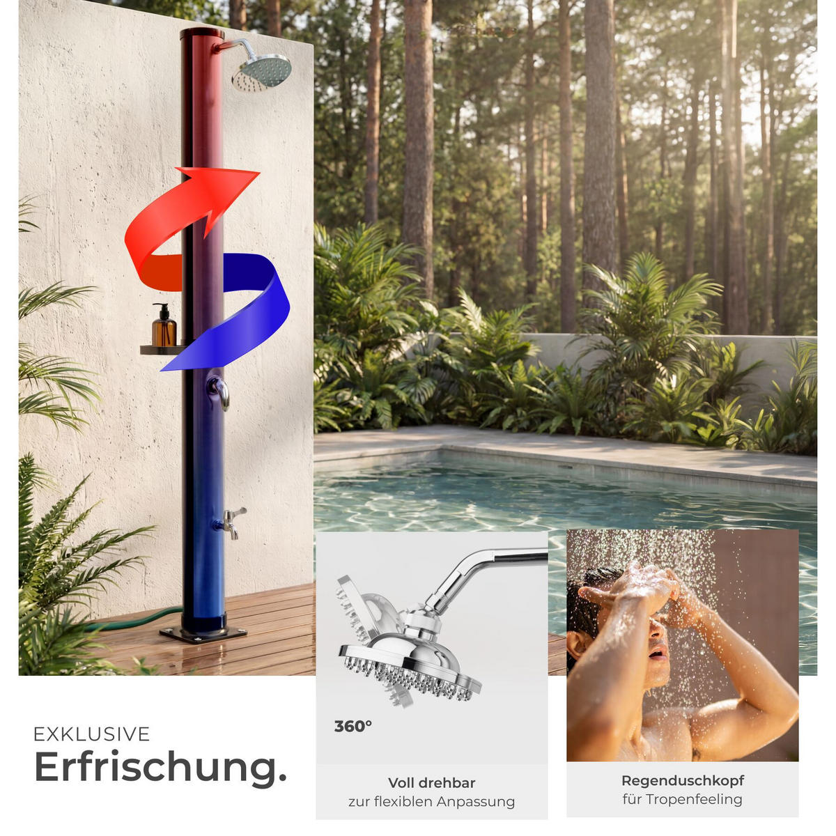 SOLARDUSCHE Tinto, extra Wasserhahn, inklusive Schutzhülle, schwarz/silber - Silberfarben/Schwarz, Kunststoff (15.5/221/42.5cm) - tectake