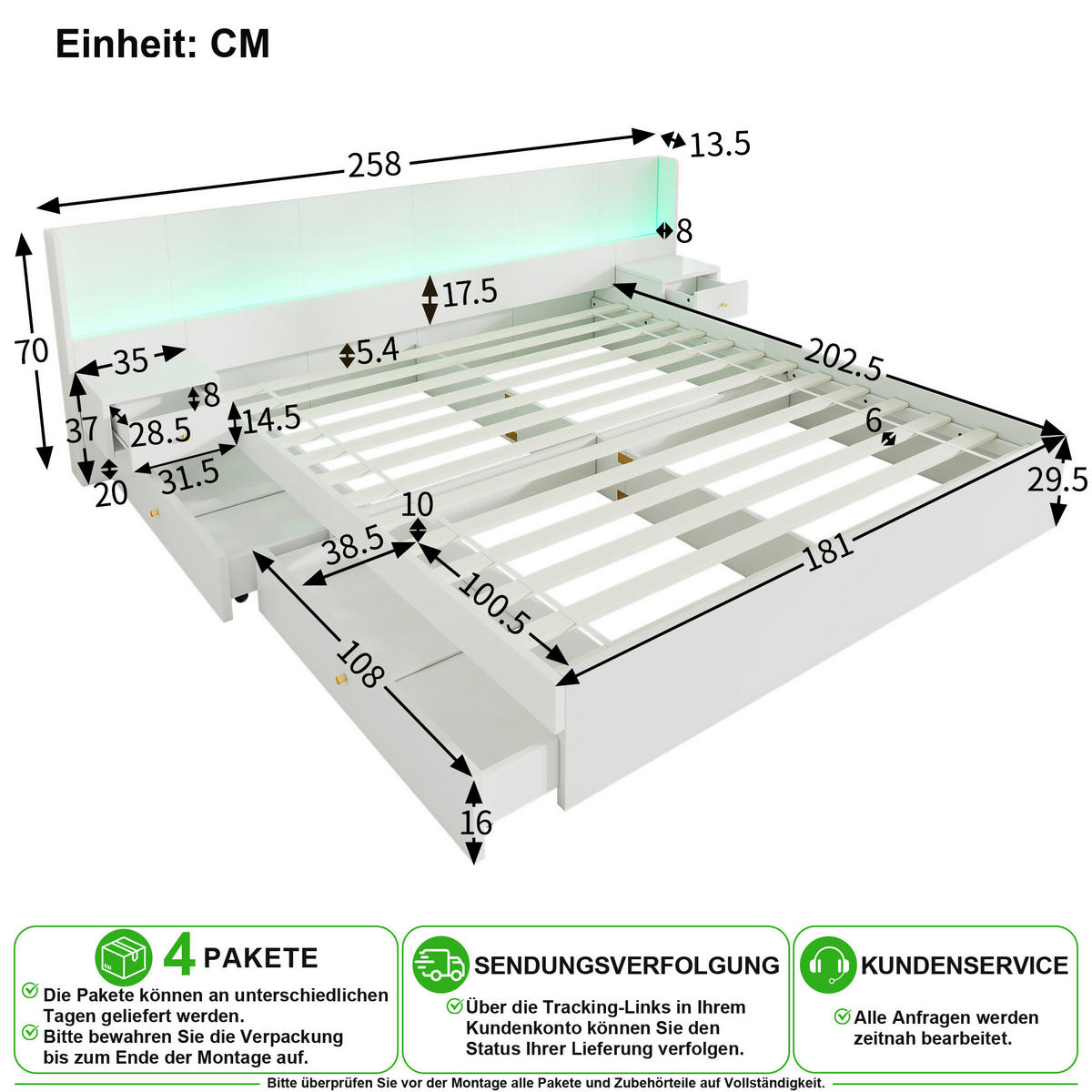 BETT 180/200 cm in Weiß mit 2 Nachttischen, 2 Schubladen, LED, USB und Steckdosen - Weiß, Holzwerkstoff (180/200cm) - CHICFURN