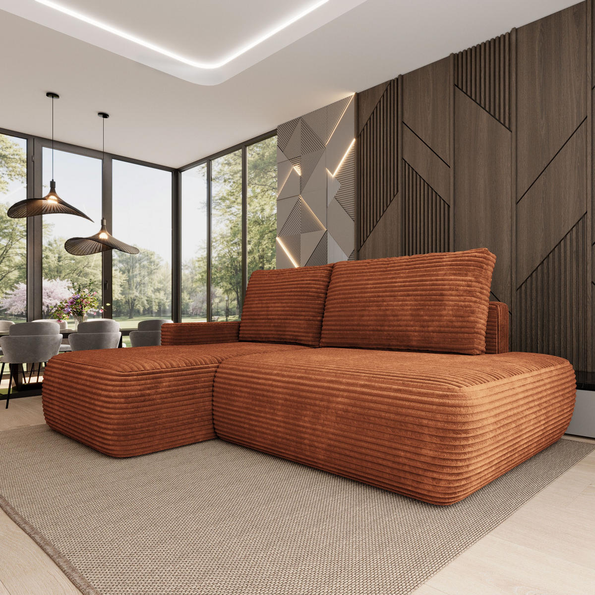 ECKSOFA AVINI T L-S Braun Kordstoff mit Schlaffunktion - Braun, Holzwerkstoff/Textil (277/160cm) - MASSENO