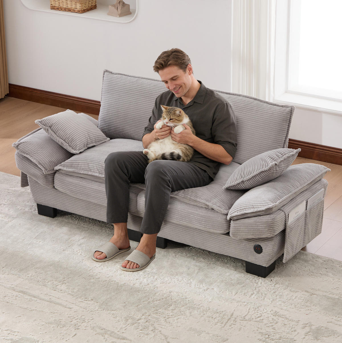 SOFA 2-Sitzer mit USB-C ca. 190 x 73 x 84 cm Cord Hellgrau - Hellgrau, Kunststoff (73/84/190cm) - Meubliv