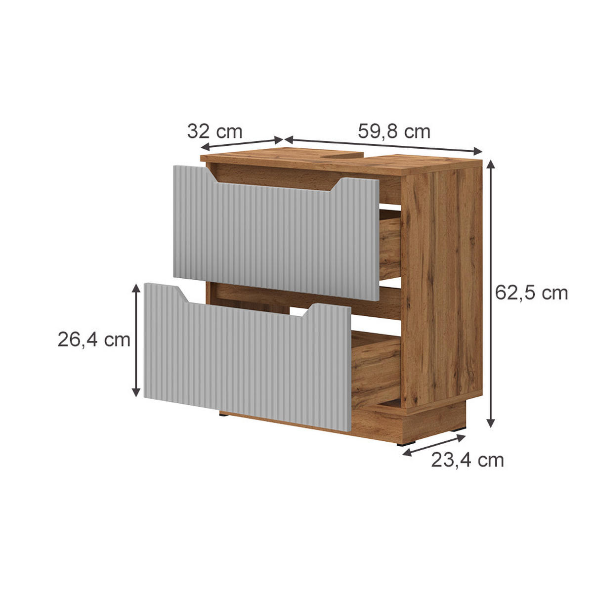 WASCHBECKENUNTERSCHRANK Lotta Eiche/grau gestreift 59.8 x 62.5 cm mit 2 Schubladen - Eichefarben/Grau, Holzwerkstoff (59.8/62.5/32cm) - Vicco