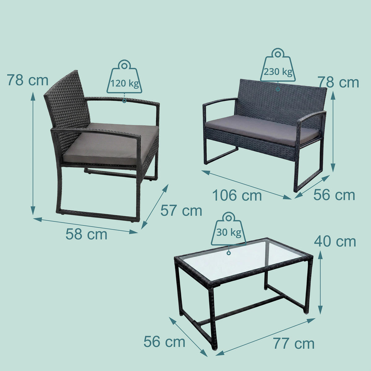 4-TLG.GARTENMÖBEL-SET - Schwarz, Glas/Kunststoff - Relaxdays