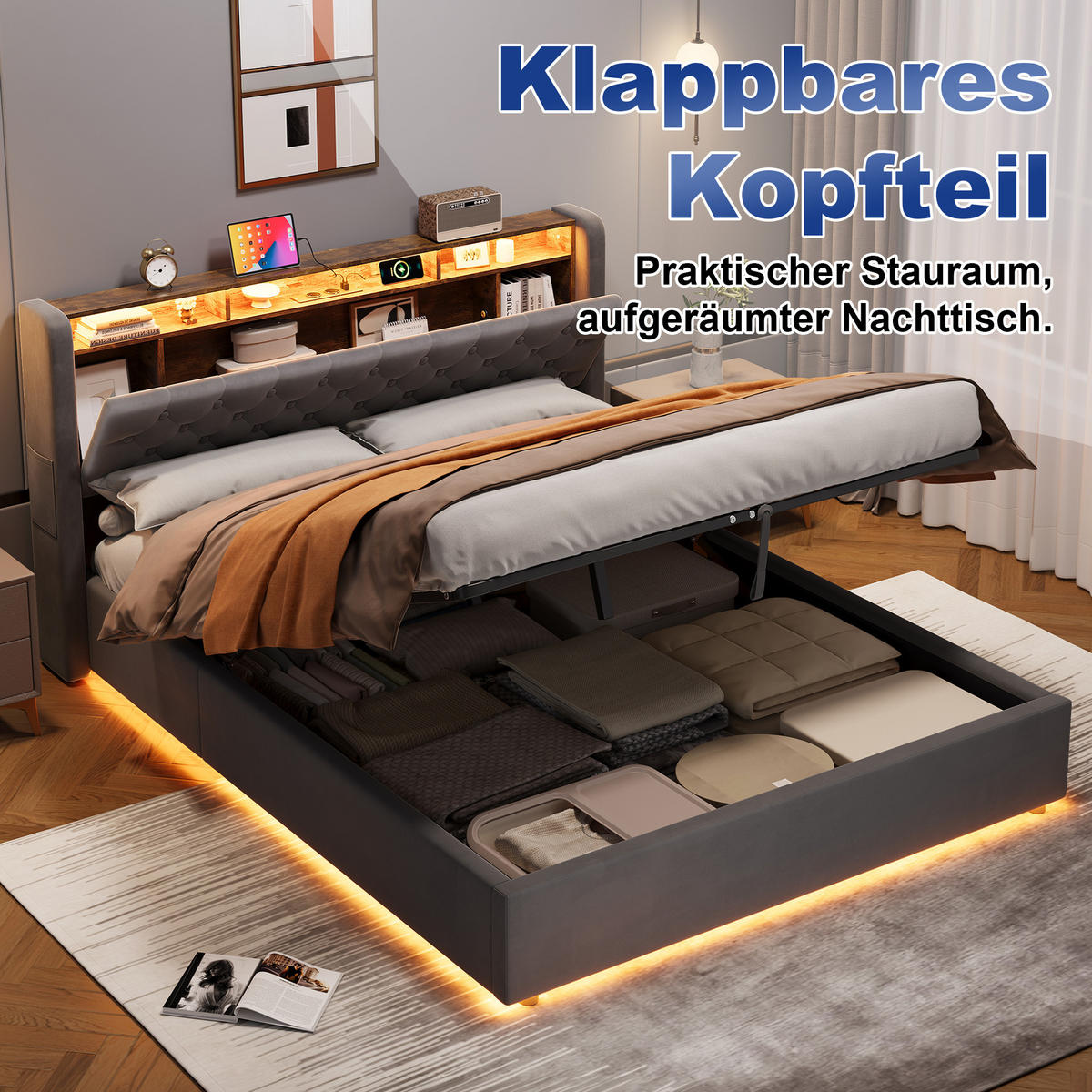 POLSTERBETT 160/200 cm in Dunkelgrau Samt mit Bettkasten, LED-Beleuchtung und USB-Anschluss - Dunkelgrau, Holzwerkstoff/Textil (160/200cm) - CHICFURN