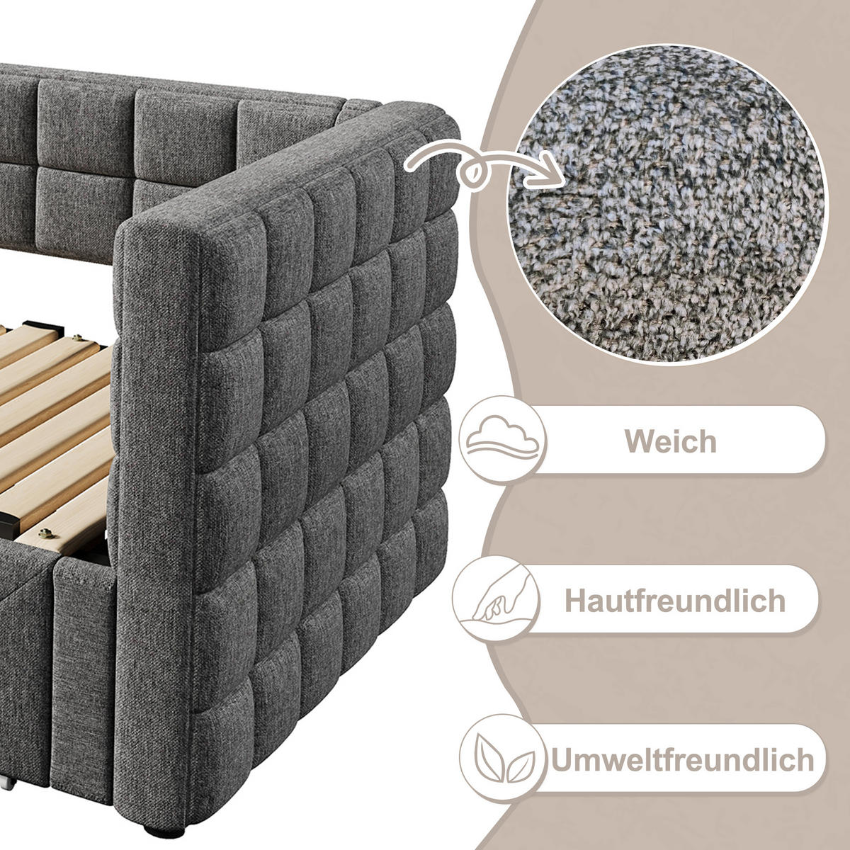 TAGESBETT 90/200 cm aus Samt mit Ausziehfunktion, quadratischer Rückenlehne und 2 Schubladen, Grau - Grau, Textil (90/200cm) - Redom