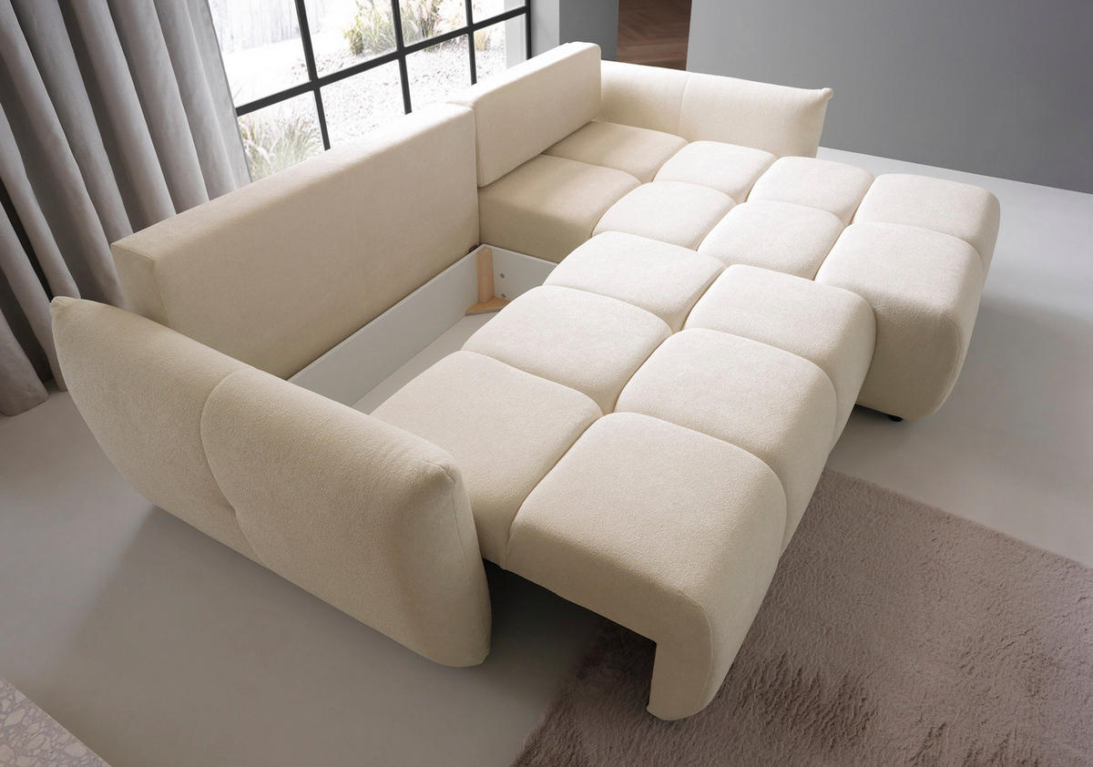 ECKSOFA MODA S Creme Geflochtener Stoff mit Schlaffunktion - Creme, Holz (257/177cm) - MASSENO