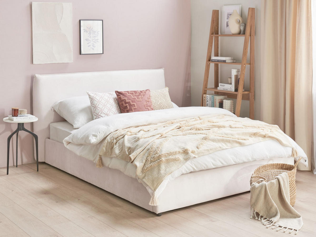 KÁRPITOZOTT ÁGY 160/200cm Törtfehér Lavaur - krém, textil (160/200cm) - Beliani