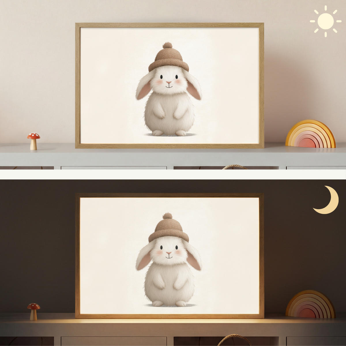 NÁSTĚNNÁ LAMPA S AKUMULÁTOREM Králík - Klobouk - Uši - béžový 60x40 cm - krémová, kompozitní dřevo (60/40/8cm) - OnlyWow