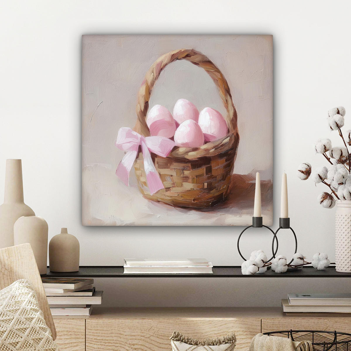 LEINWANDBILD Korb - Eier - Rosa Wandbild Wohnzimmer 50x50 cm - Beige, Textil (50/50cm) - MuchoWow