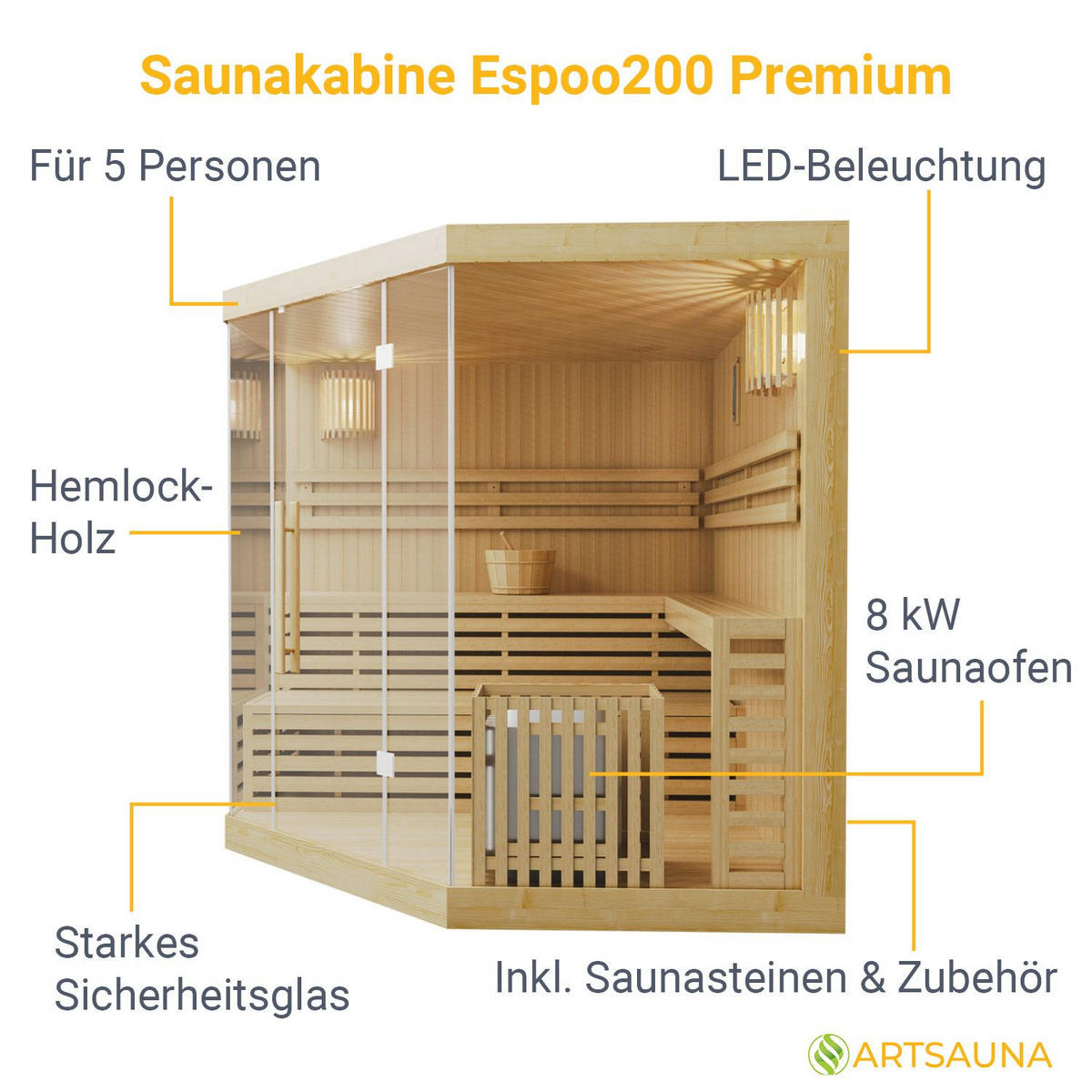 SAUNAKABINE Espoo200 Premium - Naturfarben, Holz (200/200/200cm) - Artsauna