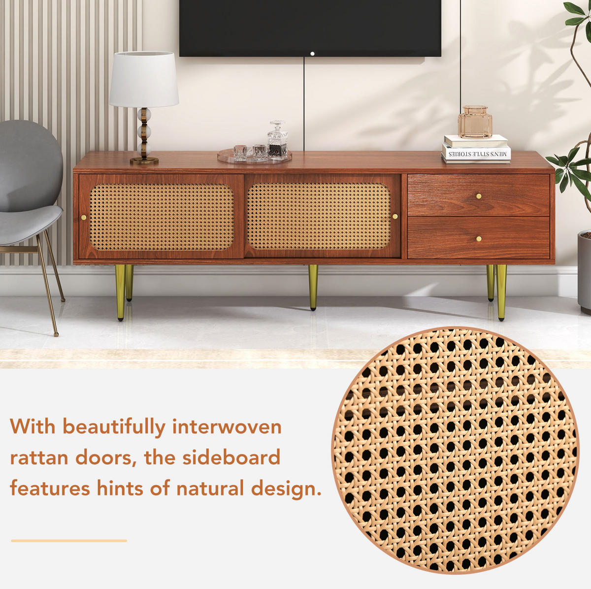 TV-SCHRANK in Walnuss mit Schiebetüren in Rattan-Optik 160/40/60 cm - Walnussfarben, Holzwerkstoff (160/60/40cm) - Redom