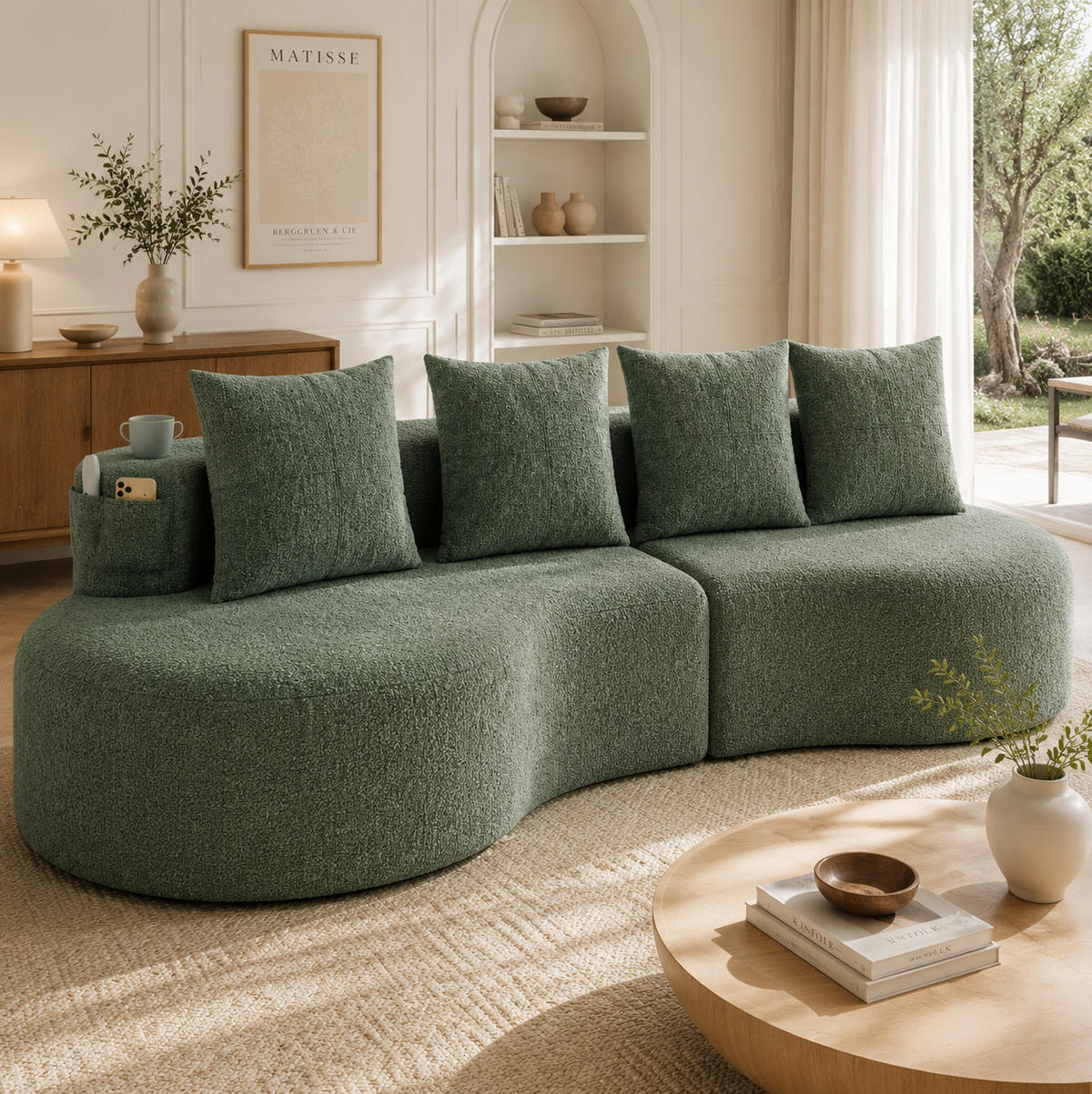 SOFA 240/109/60 cm aus Leinen mit Becherhaltern und Seitentaschen Grün - Grün, Textil (109/63/240cm) - Modenvie